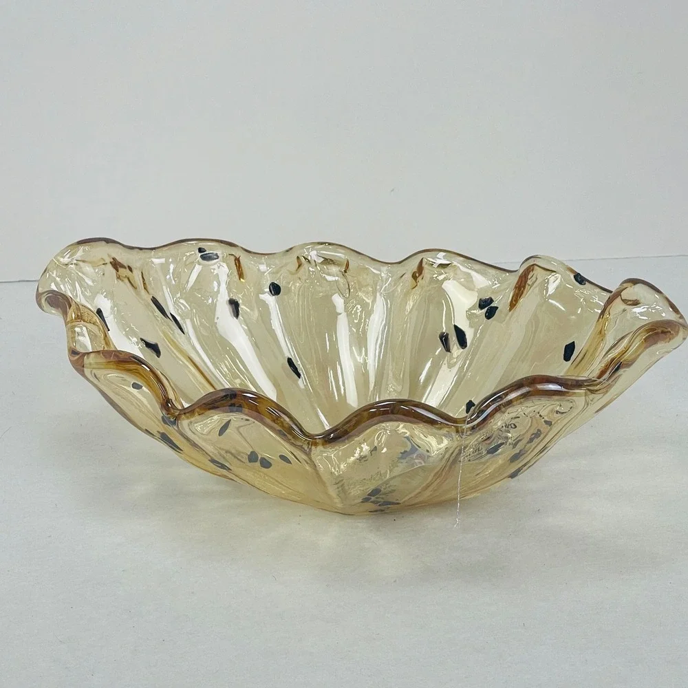 Tammaro Home Murano Glass Bowl Amber Speckled Ruffled Rim Made in Italy 10in